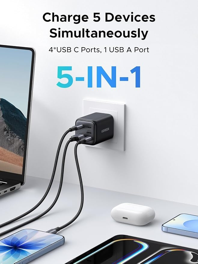 UGREEN 5-ports 45W USB-C hurtigoplader med GaN, PD/PPS/QC og 4 USB-C-porte til iPhone 17/16/15, Galaxy S26/S25/S24/S23, iPad, MacBook Neo/Air