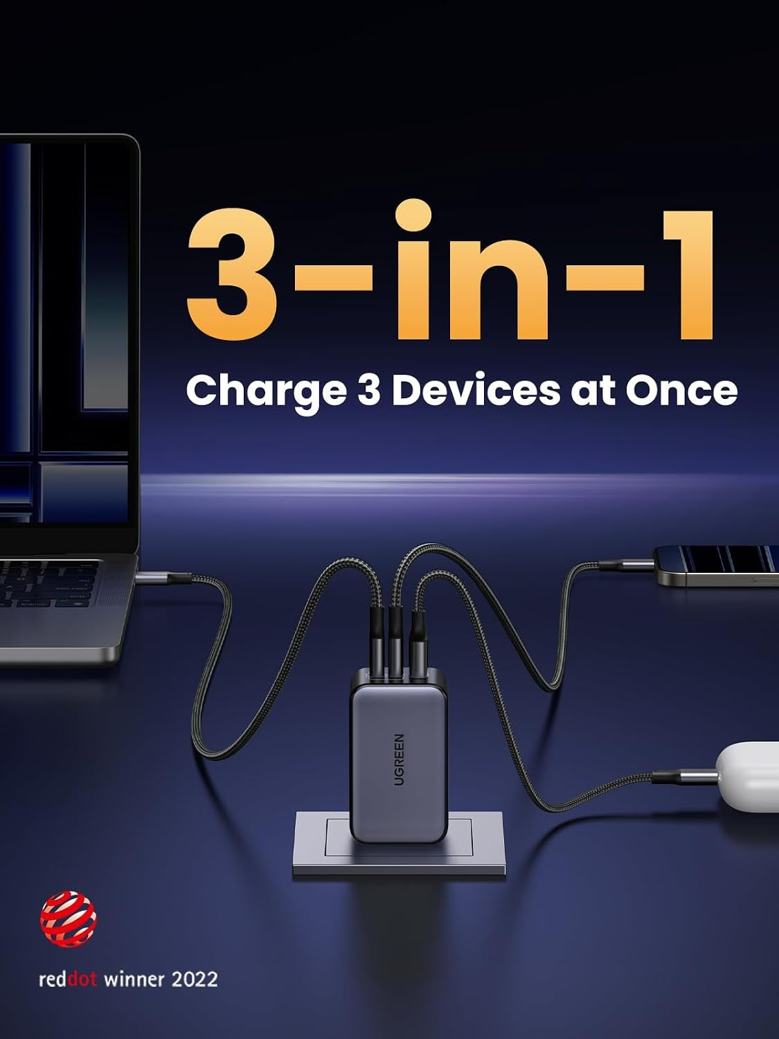 UGREEN Nexode 65W USB-C oplader med 3 porte, 2xUSB-C + 1xUSB-A, PD, PPS og GaN II
