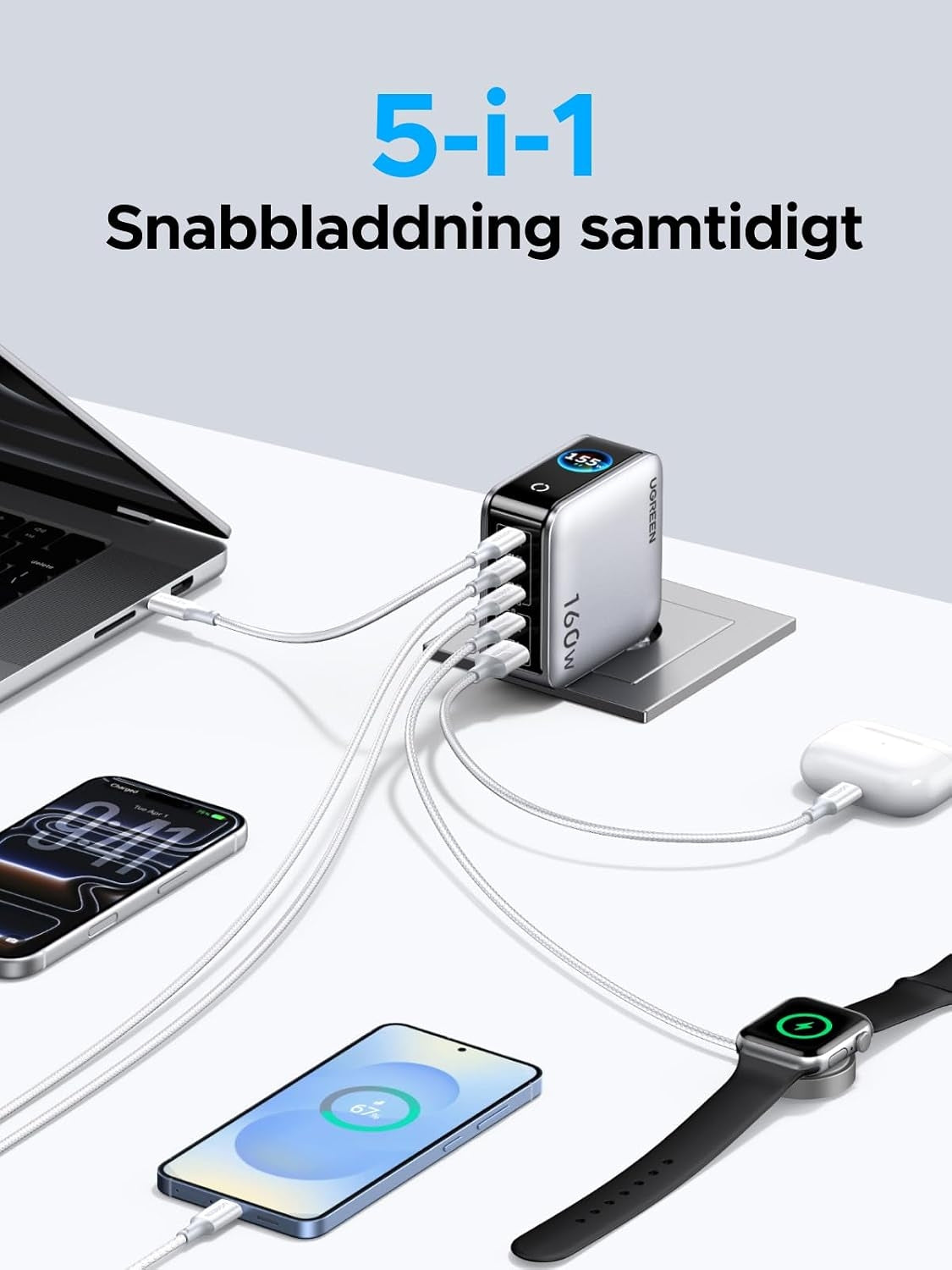 UGREEN Nexode Pro 160W USB-C oplader med 5 porte, 4xUSB-C + 1xUSB-A, Smart-Display og Touchstyring