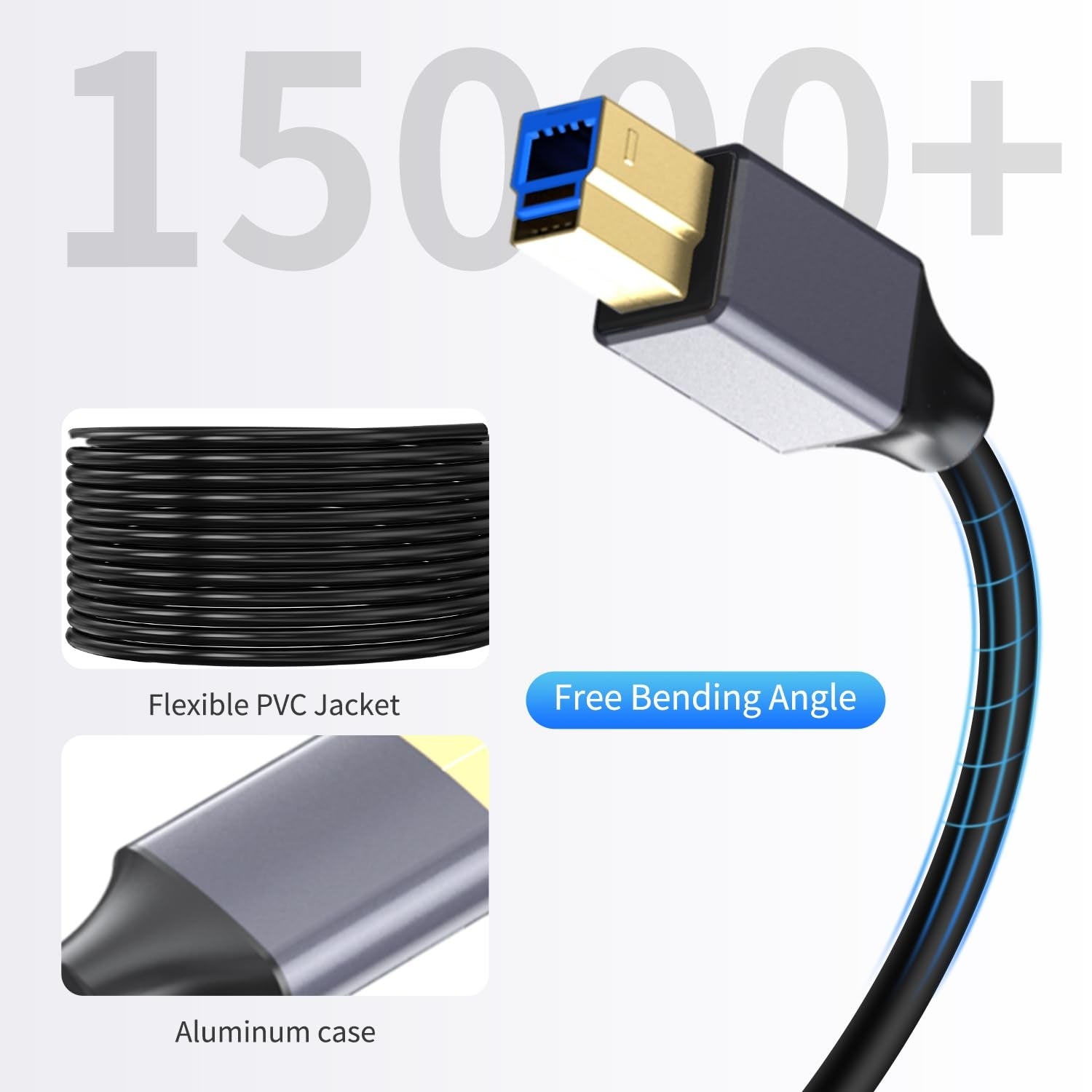 NÖRDIC USB 3.0 Aktiv Printerkabel - 5m USB A til USB B 3.0 Kompatibel med printer, konferencerkamera, dockingstation, harddisk og mere
