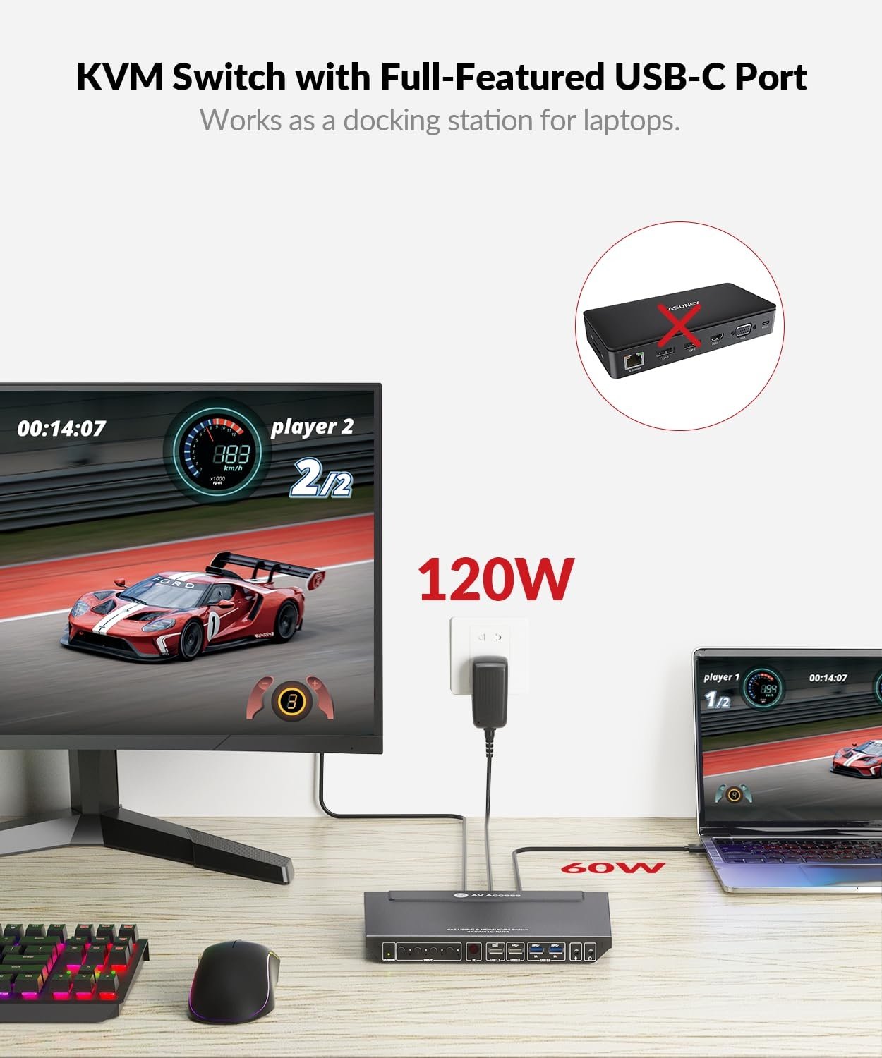 AV Access 4K USB-C & HDMI KVM Switch 4 pc'er 1 skærm, 60W opladning til bærbar computer