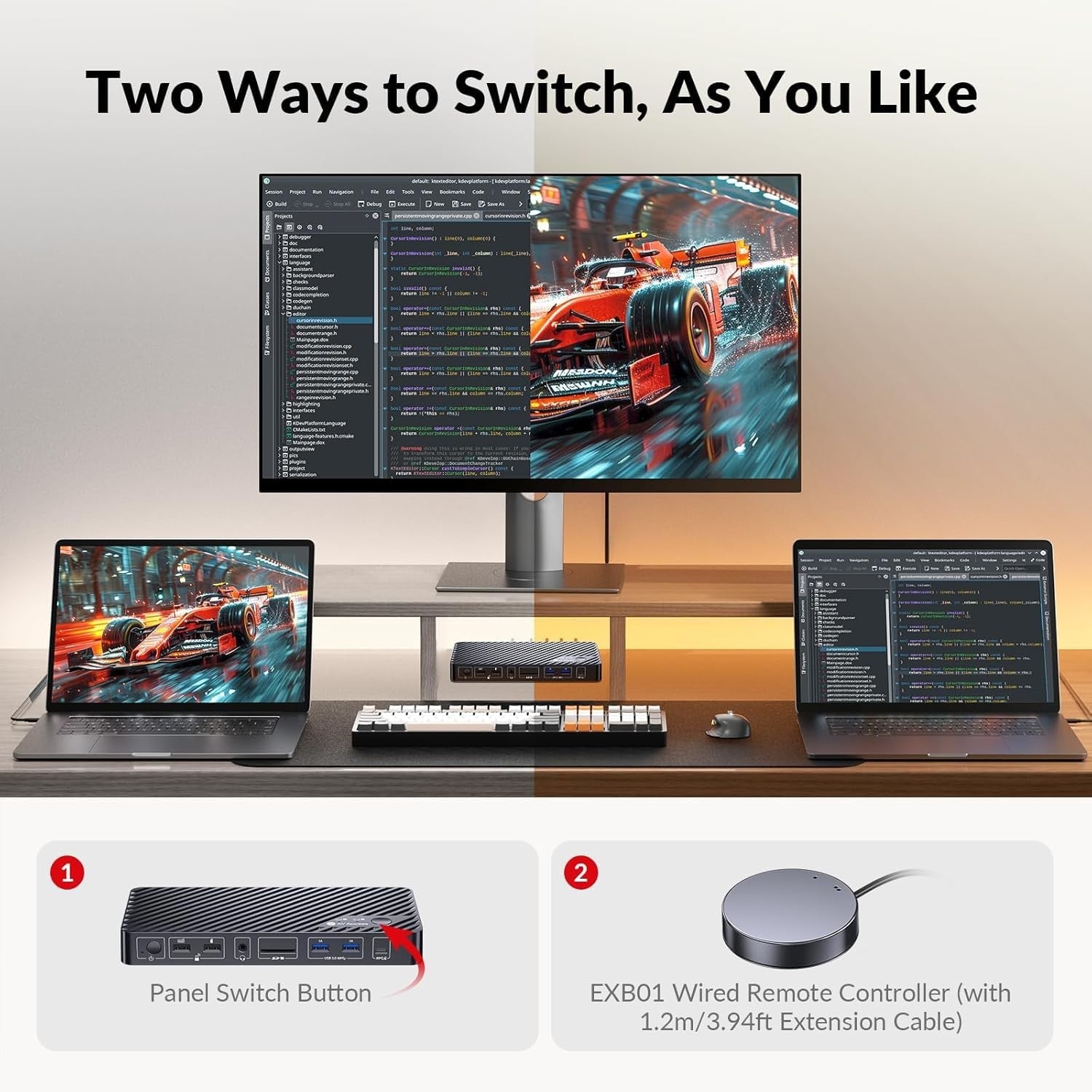 USB-C KVM Dockningsstation til 2 bærbare computere, Dual 4K-skærm, 11-i-1 med 100W PD, 1Gbps LAN & EDID-emulering