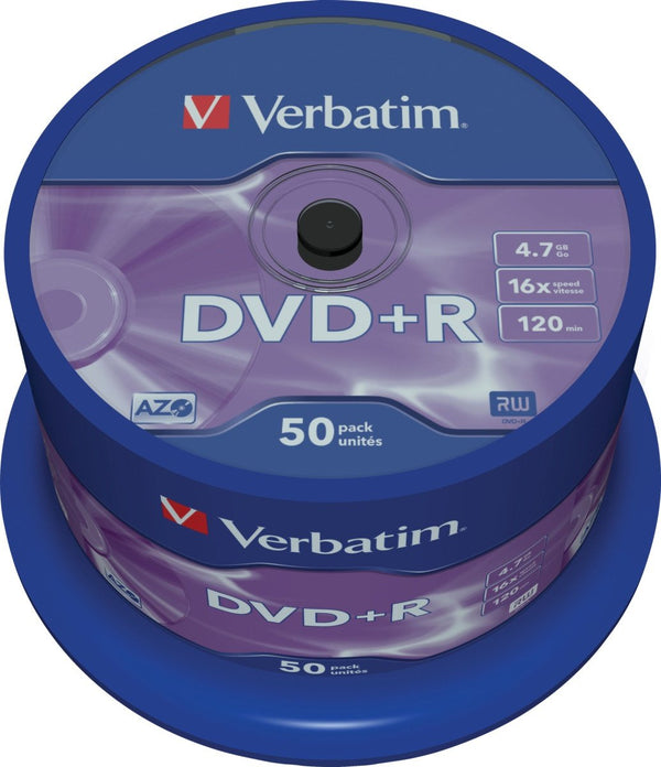 Verbatim DVD+R, 16x, 4,7GB/120min, 50-pack spindel, AZO.