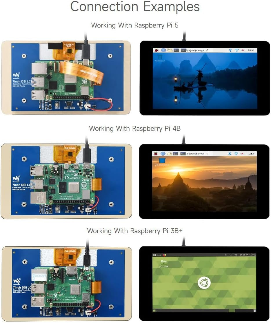 Waveshare 7-tommer touch-skærm til Raspberry Pi 5, 4B, Raspberry Pi 3B+/3B/3A+, CM3/3+/4 og VisionFive2 Core3566, 800 × 480 opløsning med DSI-interface