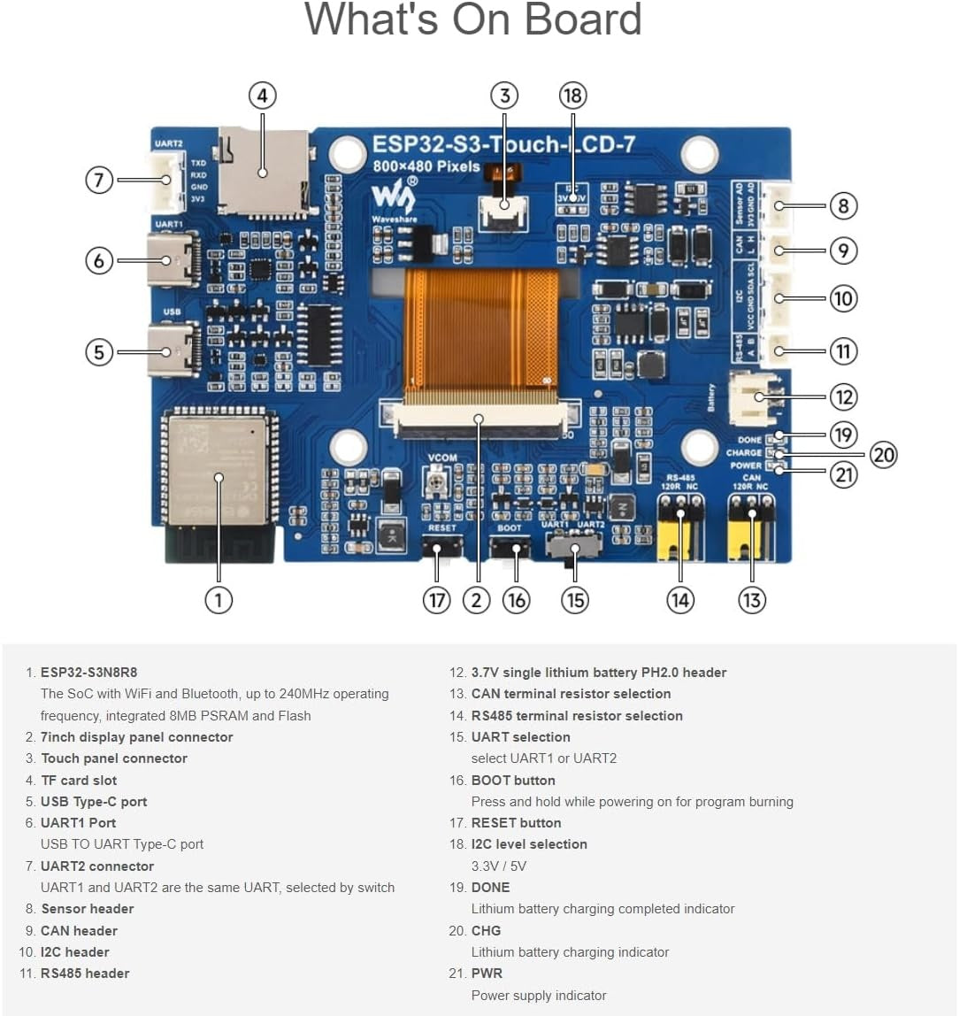 Waveshare 7 inch ESP32-S3 Capacitive Touch Display Development Board 800 x 480 65k RGB 7 Inch LCD Screen, 5-Point Touch, Supports WiFi and Bluetooth