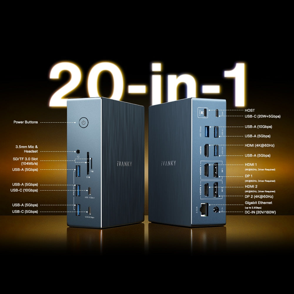 iVANKY 20-in-1 DisplayLink Docking Station for MacBook Pro/Air FusionDock Pro 2, Triple 4K@60Hz Monitor Display for M1/M2/M3/M4/M5 MacBook/Windows, 180W Power, 2.5GbE, HDMI, DP, 10Gbps