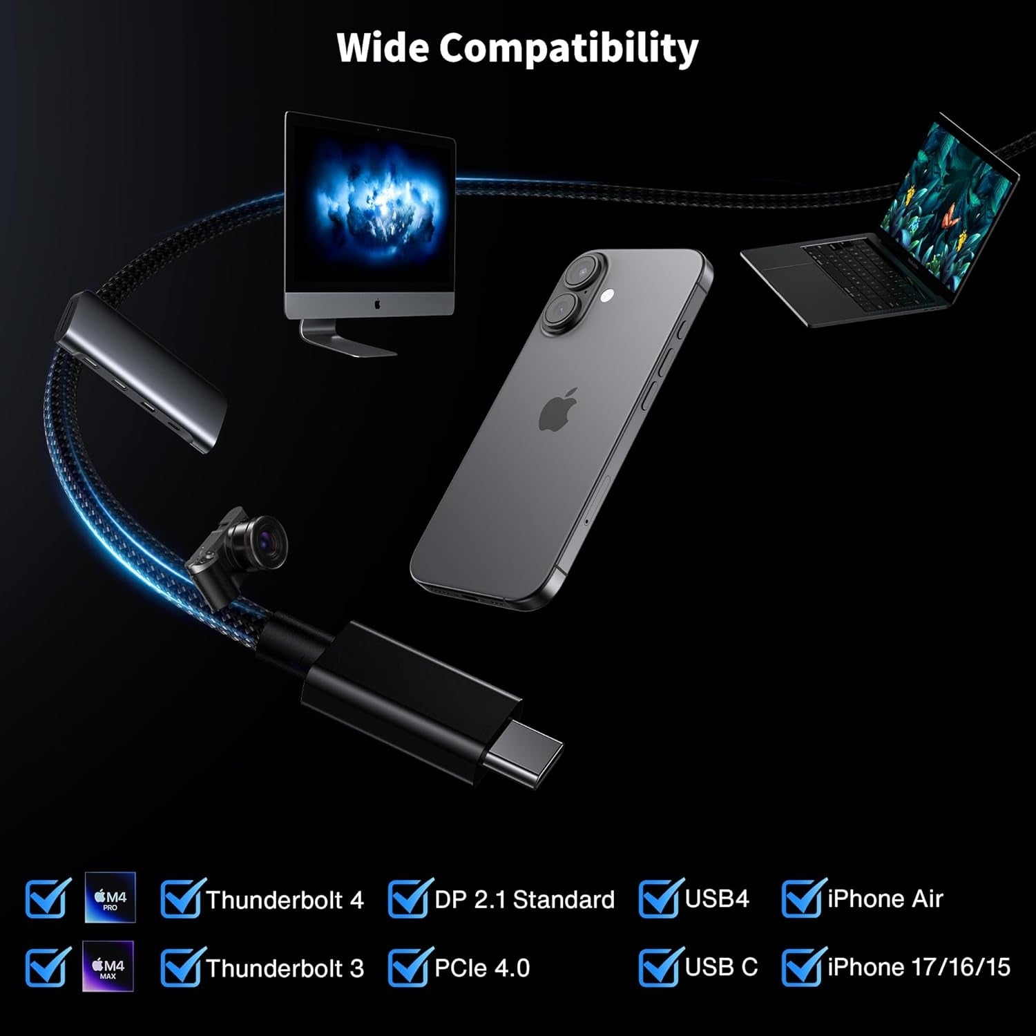 NÖRDIC 1m Thunderbolt 5 kabel Intel-certificeret, 80Gbps dataoverførsel, 120Gbps båndbredde, 240W opladning, Dobbelt 8K skærme, Kompatibel med MacBook M4 TB4/DP2.1/USB4