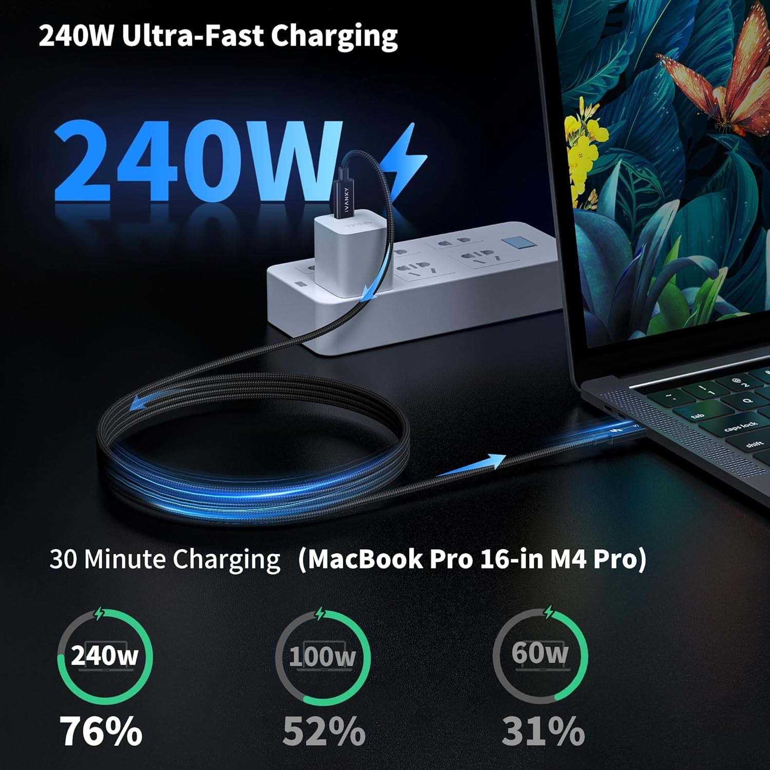 NÖRDIC 1m Thunderbolt 5 kabel Intel-certificeret, 80Gbps dataoverførsel, 120Gbps båndbredde, 240W opladning, Dobbelt 8K skærme, Kompatibel med MacBook M4 TB4/DP2.1/USB4