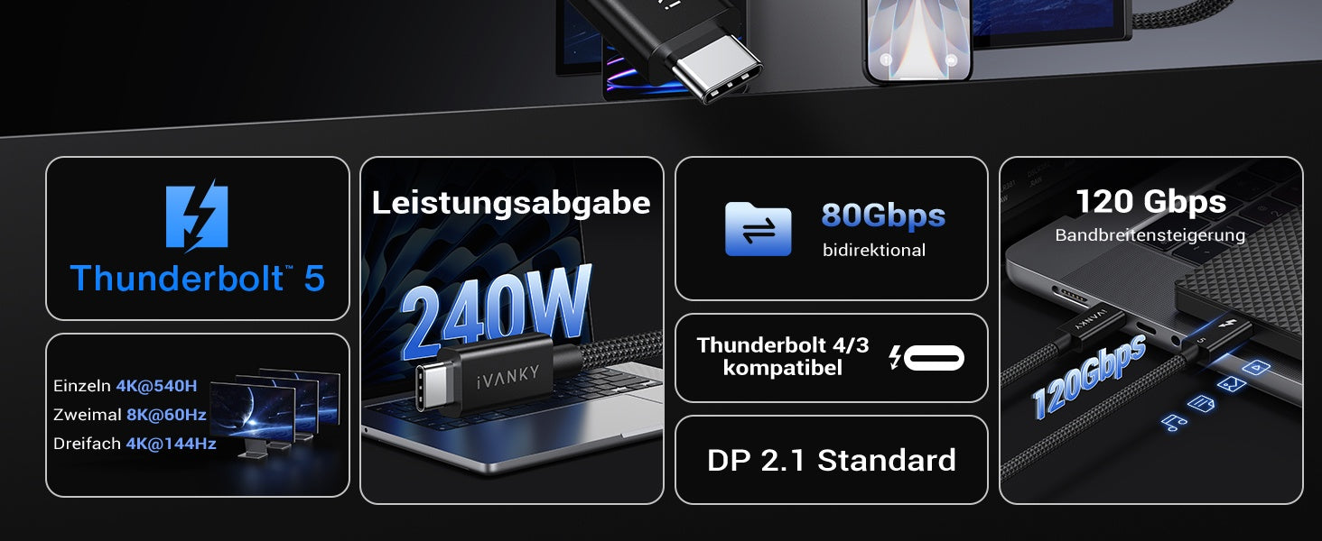 NÖRDIC 1m Thunderbolt 5 kabel Intel-certificeret, 80Gbps dataoverførsel, 120Gbps båndbredde, 240W opladning, Dobbelt 8K skærme, Kompatibel med MacBook M4 TB4/DP2.1/USB4